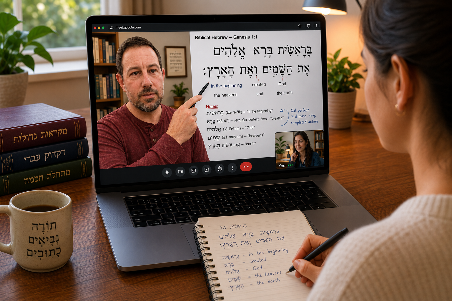 Biblical Hebrew teacher giving online class.